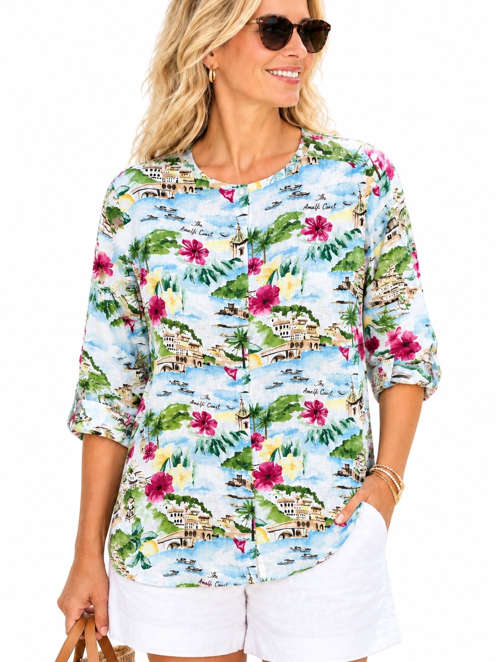 Cynthia Rowley Linen Button-Front Tunic - White/Green/fuchsia/Blue tropical 1X